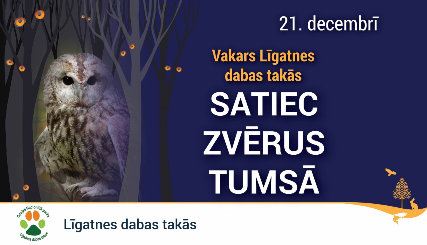 Pūce naktī sēž uz koka zara. Teksts: Satiec zvērus tumsā. 21. decembrī